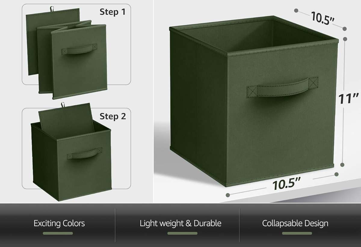 Sorbus Foldable Storage Cubes - 6 Fabric Baskets for Organizing Pantry, Shelf, Toy Box, Cubby, Closet Organizer - 11 Inch Collapsible Closet Organizers and Storage Bins (Dark Green 6 Pack) - Image 3