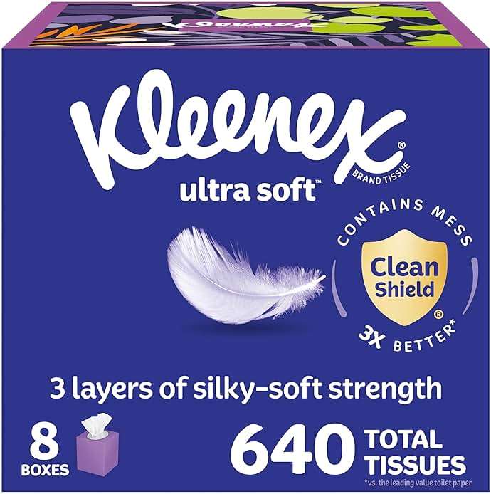 Kleenex Ultra Soft Facial Tissues, 8 Cube Boxes, 80 Tissues per Box, 3-Ply, Packaging May Vary - Image 1