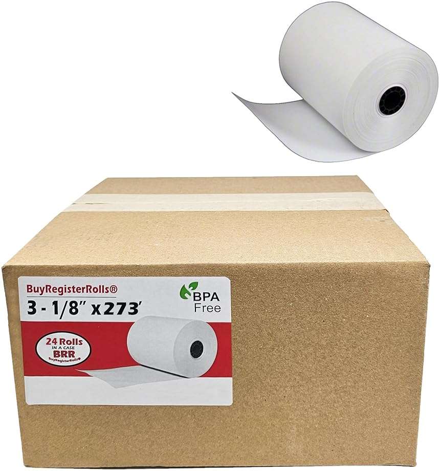 (24 Extra Large Rolls) 3 1/8 x 273 Thermal Paper Receipt Rolls fits all Clover POS Cash Register Printers Star SCP700 TSP100 TSP300 TSP400 TSP500 TSP600 TSP 700 TSP2000 CT S300 from BuyRegisterRolls - Image 1