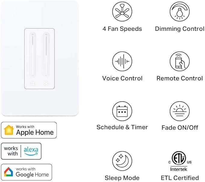 Kasa Smart Ceiling Fan Control & Dimmer Switch | Adjustable 4-Speed Fan & Brightness Control | Works w/Apple HomeKit, Alexa & Google Home | 2.4G Wi-Fi Only, Single Pole, Neutral Wire Required | KS240 - Image 3