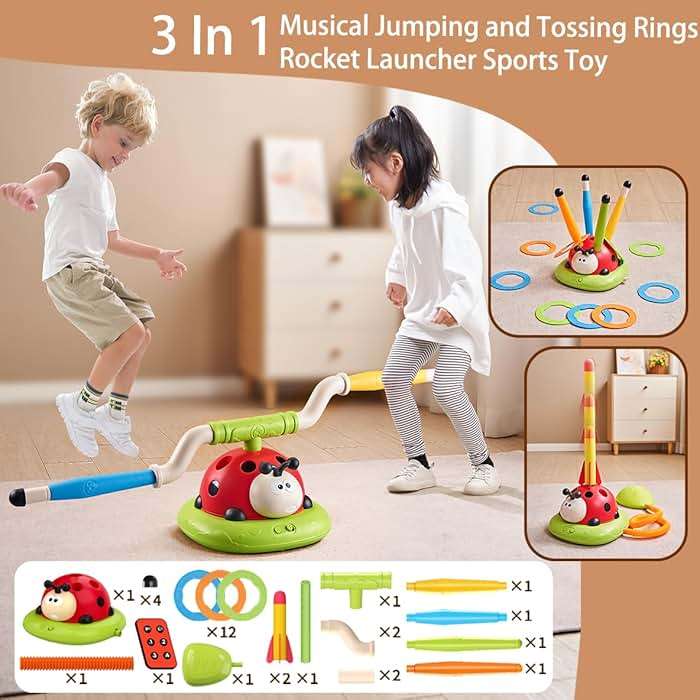 Pobaiyi 3 in 1 Musical Jump, Toss Ring Game and Stomping Launch Rocket Launcher for Kids Outdoor Toys with Remote Control, Indoor Outside Toy for Kids Ages 4-8 Toys for Ages 5-7 8-13 Birthday Gifts - Image 2