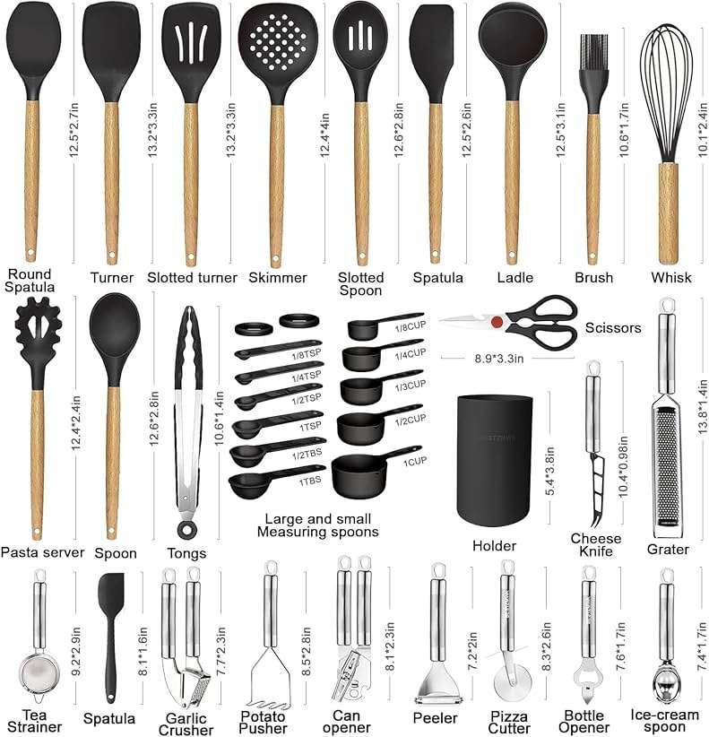Cooking Utensils Set- 35 PCs Kitchen Utensils with Grater,Tongs, Spoon Spatula &Turner Made of Heat Resistant Food Grade Silicone and Wooden Handles Kitchen Gadgets Tools Set for Nonstick Cookware - Image 3
