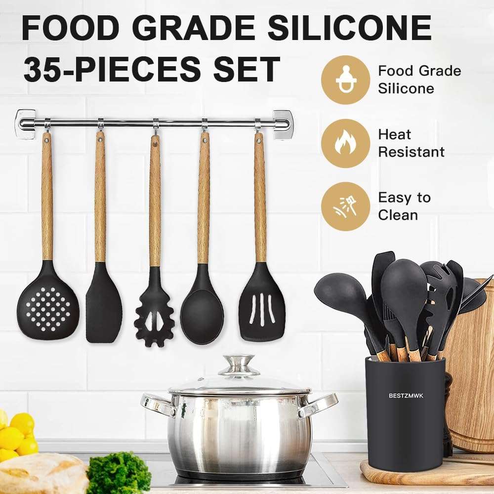 Cooking Utensils Set- 35 PCs Kitchen Utensils with Grater,Tongs, Spoon Spatula &Turner Made of Heat Resistant Food Grade Silicone and Wooden Handles Kitchen Gadgets Tools Set for Nonstick Cookware - Image 4