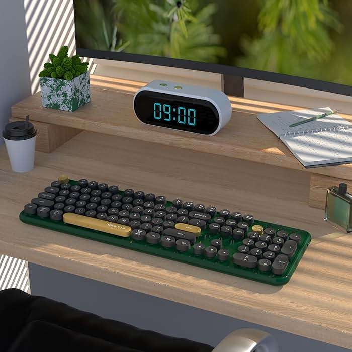 UBOTIE Dual Mode Colorful Wireless Keyboard, Bluetooth and USB Receiver Retro Typewriter Round Keycaps Keyboard Support Multi Devices for PC Laptop Tablet Phones(Dark-Green) - Image 2