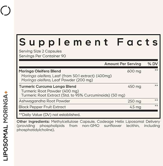 Codeage Liposomal Moringa+ Supplement, 400mg Moringa 50:1 Extract - Turmeric, Ashwagandha, Black Pepper, 3-Month Supply, Vegan Moringa Powder - 180 Capsules - Image 2