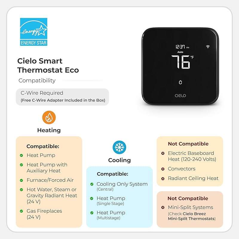 Cielo Smart Thermostat Eco (for Central HVAC) | Energy Star Certified | Supports Conventional Systems up to (2H/2C) & Heat Pumps (4H/2C) | Free C-Wire Adapter | NOT for Mini Split Systems | Black - Image 3