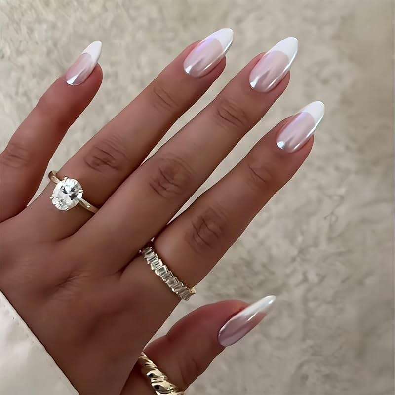 FJSMTOPl Press On Nails - Almond Fake Nails - French Tip False Nails Press ons - Medium Glue on Nails with Chrome Design - for Women Stick on Nail 24Pcs - Image 2