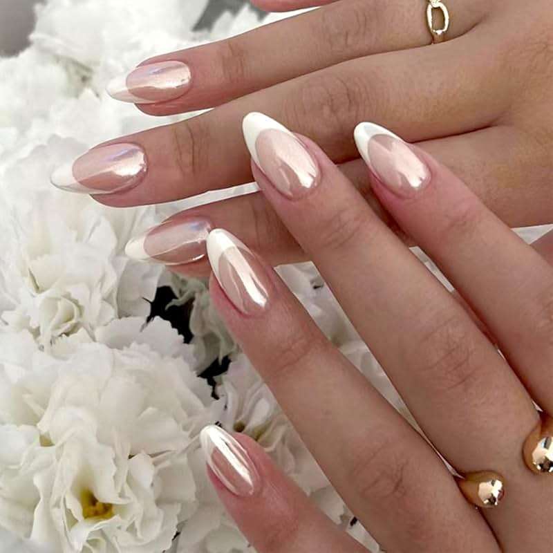FJSMTOPl Press On Nails - Almond Fake Nails - French Tip False Nails Press ons - Medium Glue on Nails with Chrome Design - for Women Stick on Nail 24Pcs - Image 3