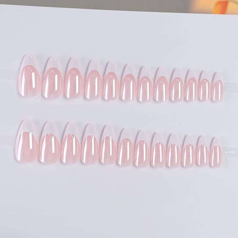 FJSMTOPl Press On Nails - Almond Fake Nails - French Tip False Nails Press ons - Medium Glue on Nails with Chrome Design - for Women Stick on Nail 24Pcs - Image 4