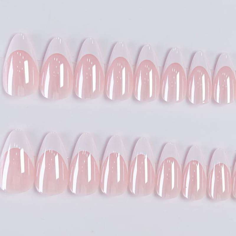FJSMTOPl Press On Nails - Almond Fake Nails - French Tip False Nails Press ons - Medium Glue on Nails with Chrome Design - for Women Stick on Nail 24Pcs - Image 5
