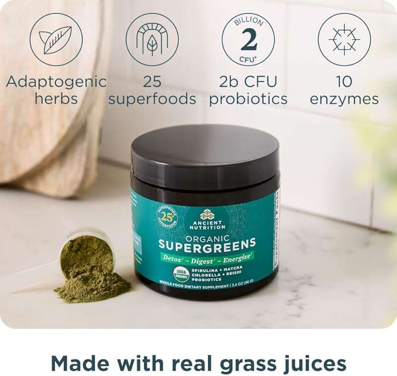Ancient Nutrition Organic SuperGreens Powder with Probiotics, Organic Greens Flavor Greens, Made from Real Fruits, Vegetables and Herbs, Digestive and Energy Support, 12 Servings, 3.4oz - Image 2