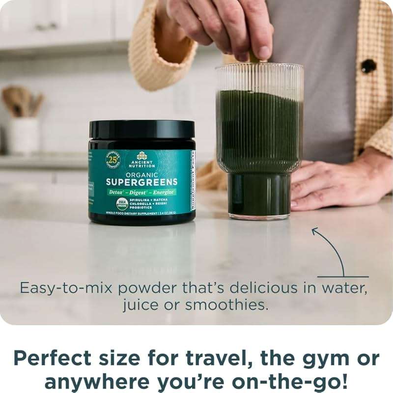Ancient Nutrition Organic SuperGreens Powder with Probiotics, Organic Greens Flavor Greens, Made from Real Fruits, Vegetables and Herbs, Digestive and Energy Support, 12 Servings, 3.4oz - Image 3