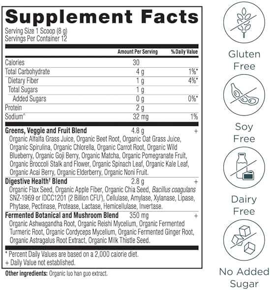 Ancient Nutrition Organic SuperGreens Powder with Probiotics, Organic Greens Flavor Greens, Made from Real Fruits, Vegetables and Herbs, Digestive and Energy Support, 12 Servings, 3.4oz - Image 4
