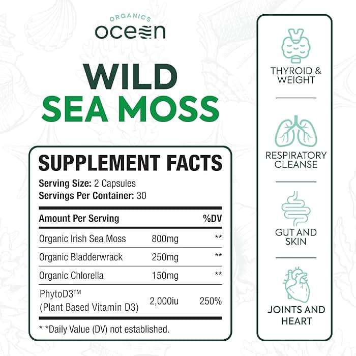 Organics Ocean Wild Sea Moss Capsules - 100% Organic Irish Sea Moss with Organic Chlorella, Bladderwrack and Vitamin D for Energy, Lung Health and Thyroid Support for Women and Men - 60 Capsules - Image 2