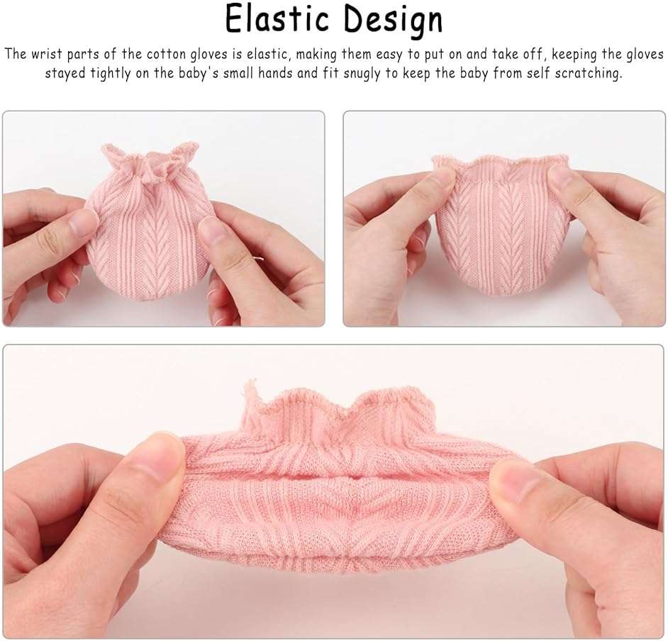 AQOKKA Newborn Baby Mittens No Scratch Cotton Elastic Wrist Gloves Infant Toddler Mittens for Baby Boy Girl 0-6 Months - Image 3