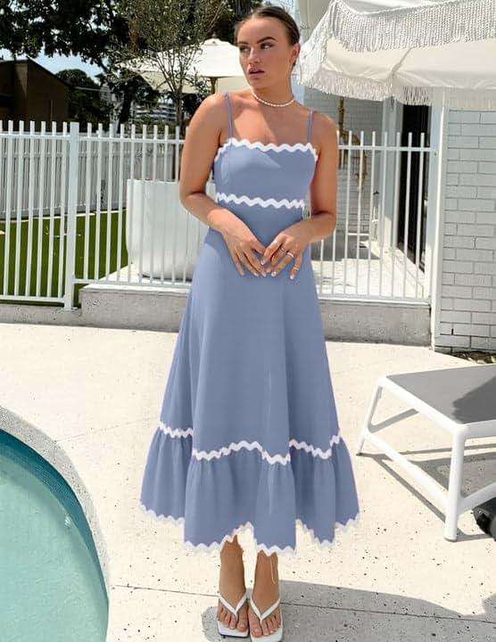 ZESICA Women's 2026 Summer Spaghetti Straps Sleeveless Backless Sundress Flowy Smocked Lace Swing A Line Midi Dress - Image 5
