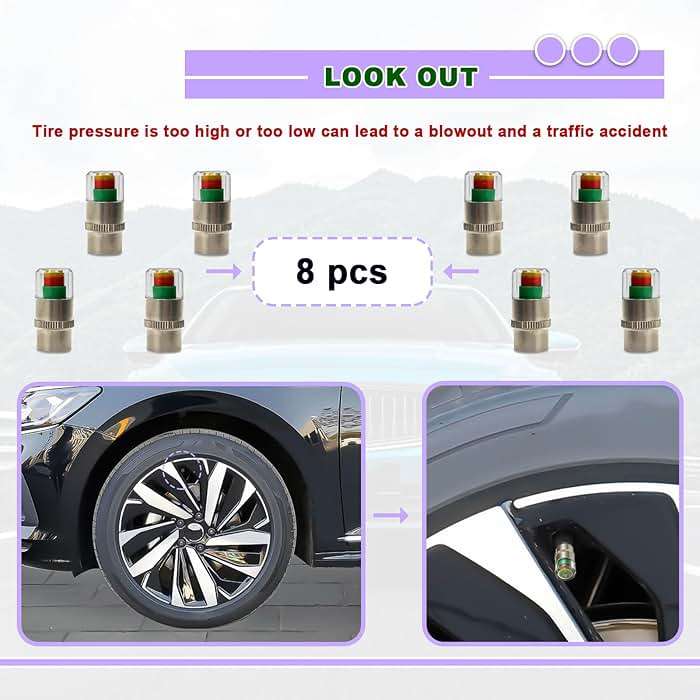 8pcs Universal Car Tire Pressure Monitor Valve Stem Caps Sensor Indicator, 3 Colors Alarm Tire Indicator, Universal Valve Stem Caps for Cars, for SUVs, Trucks - Image 6