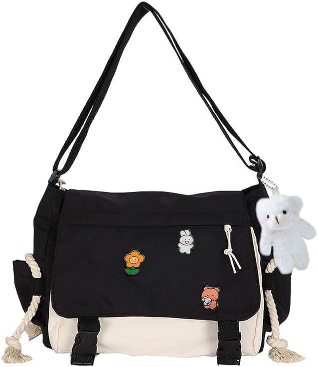 PRLINJSK Cute Messenger Bag for Teen Girls Women, Kawaii Crossbody Shoulder Purse with Pins and Stuffed Pendant Gift - Image 1