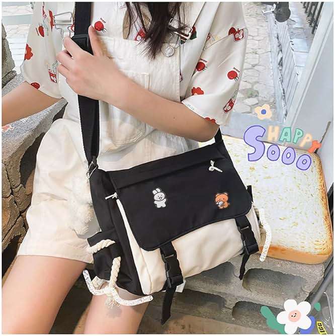 PRLINJSK Cute Messenger Bag for Teen Girls Women, Kawaii Crossbody Shoulder Purse with Pins and Stuffed Pendant Gift - Image 2