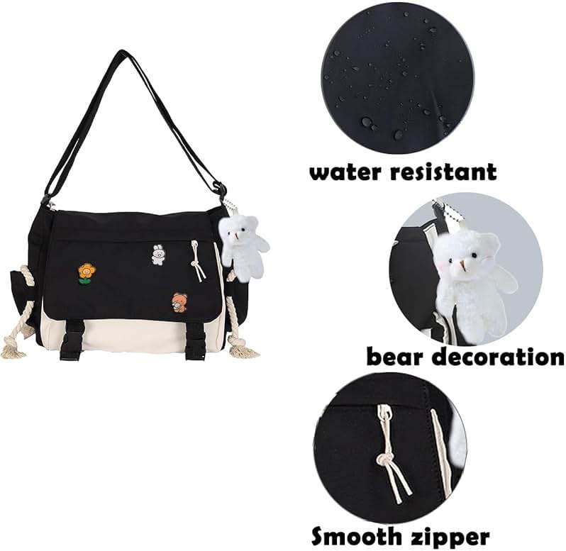 PRLINJSK Cute Messenger Bag for Teen Girls Women, Kawaii Crossbody Shoulder Purse with Pins and Stuffed Pendant Gift - Image 4