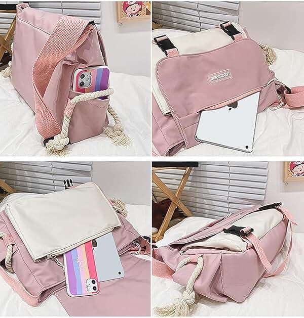 PRLINJSK Cute Messenger Bag for Teen Girls Women, Kawaii Crossbody Shoulder Purse with Pins and Stuffed Pendant Gift - Image 6