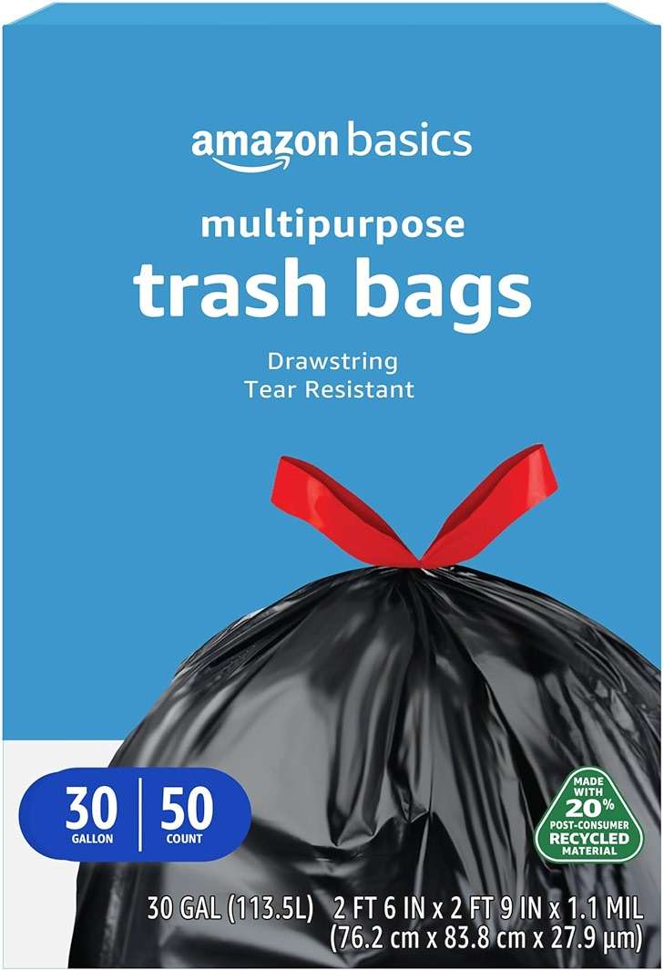 Amazon Basics 30 Gallon Multipurpose Drawstring Trash Bags, 20% Post Consumer Recycled, Black with Red Drawstring, 50 Count - Image 1