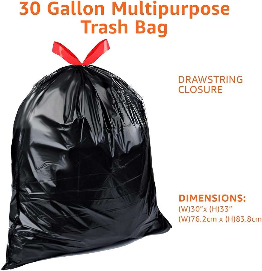 Amazon Basics 30 Gallon Multipurpose Drawstring Trash Bags, 20% Post Consumer Recycled, Black with Red Drawstring, 50 Count - Image 3