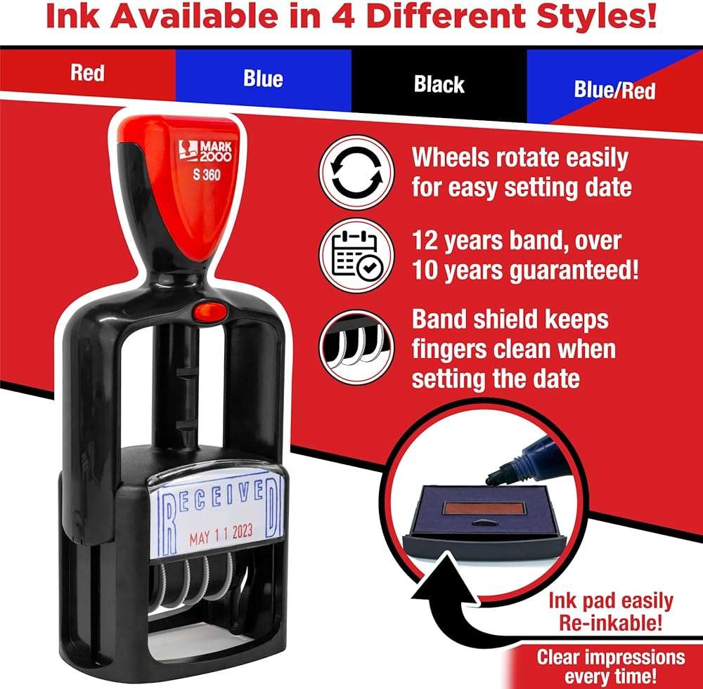 Mark 2000 Self-Inking Rubber Date Office Stamp with Scanned Phrase - Red Ink - 12-Year Band - Image 2