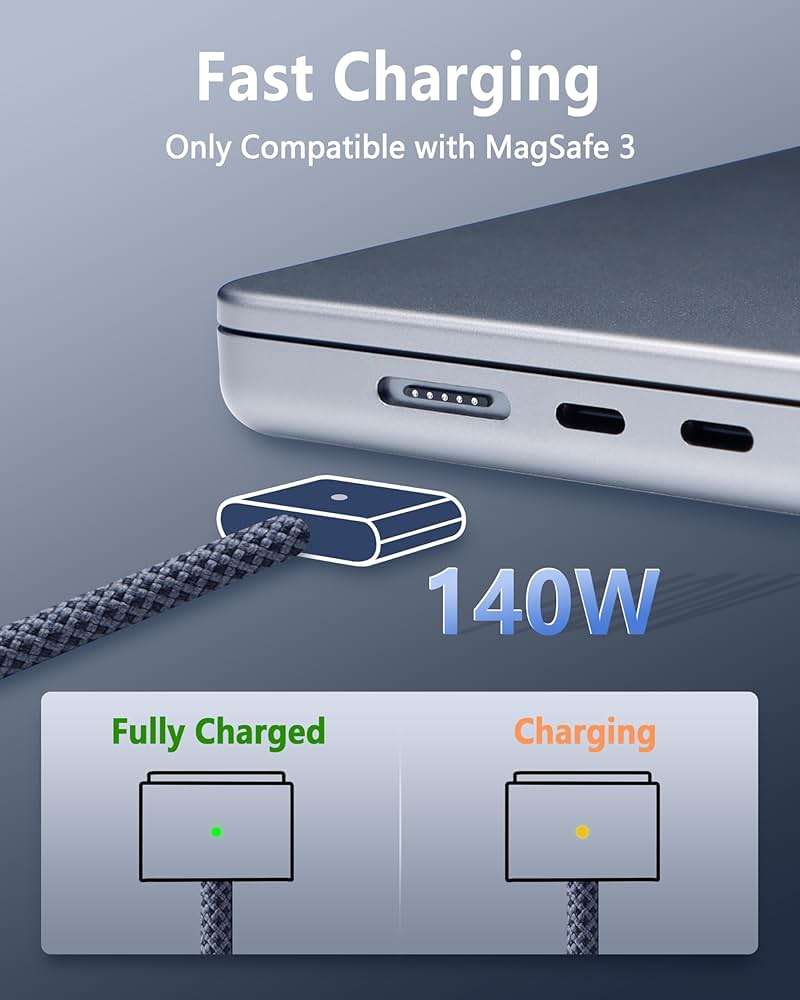 DERLULU Magnetic Charger Cable for MacBook Air & Pro, 6.6FT USB-C to Magnetic Cable Compatible with Air 13"/15" M2–M5 & Pro 14"/16" 2021–2026, Midnight Blue - Image 3