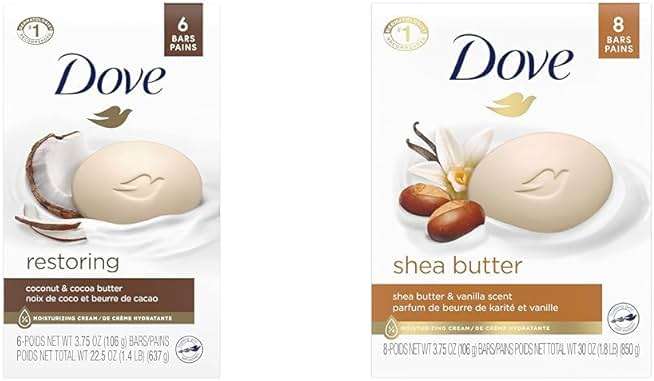 Dove Beauty Bar For Softer Skin Coconut Milk More Moisturizing Than Bar Soap, 3.75 Ounce - 6 Count & Beauty Bar Skin Cleanser for Gentle Soft Skin Care Shea Butter More Moisturizing Than Bar Soap - Image 1