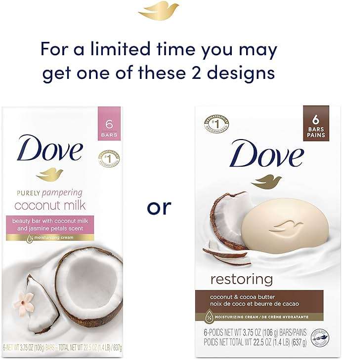 Dove Beauty Bar For Softer Skin Coconut Milk More Moisturizing Than Bar Soap, 3.75 Ounce - 6 Count & Beauty Bar Skin Cleanser for Gentle Soft Skin Care Shea Butter More Moisturizing Than Bar Soap - Image 3