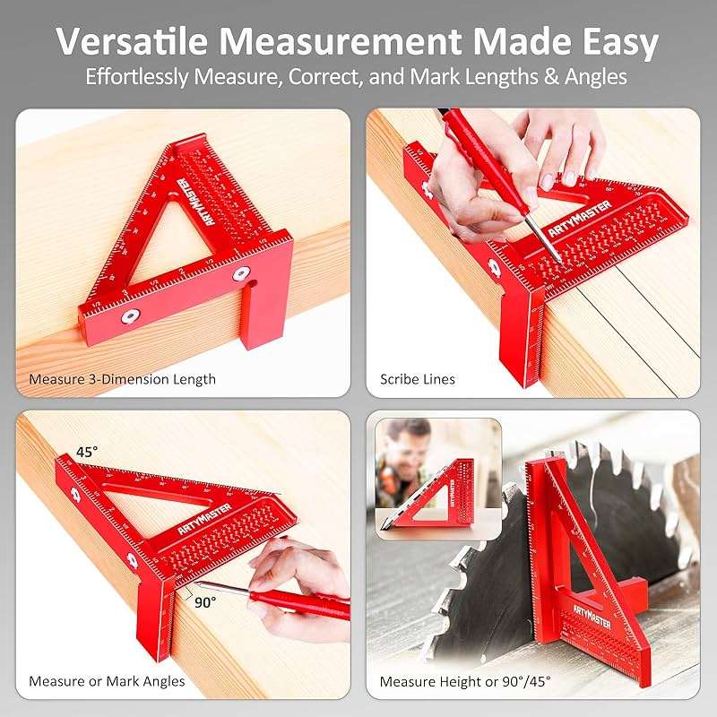 3.8＂Mini 3D Multi-Angle Measuring Square Ruler, WT102A High Precision Hole Scribing Woodworking Tools, 0-90° Aluminum Alloy Carpenter Square Wood Working Tools, Carpenter Pencils 6 Refills. - Image 3