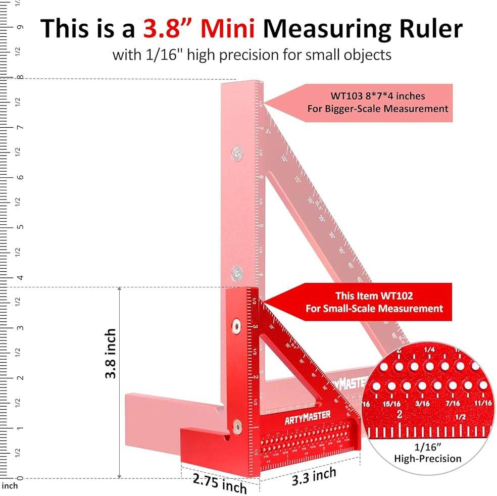 3.8＂Mini 3D Multi-Angle Measuring Square Ruler, WT102A High Precision Hole Scribing Woodworking Tools, 0-90° Aluminum Alloy Carpenter Square Wood Working Tools, Carpenter Pencils 6 Refills. - Image 4