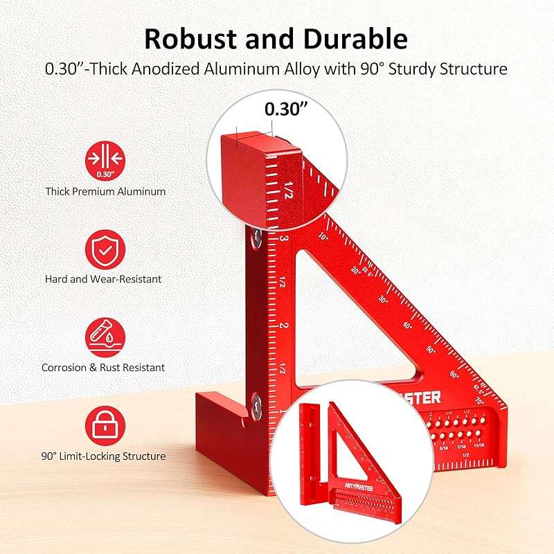 3.8＂Mini 3D Multi-Angle Measuring Square Ruler, WT102A High Precision Hole Scribing Woodworking Tools, 0-90° Aluminum Alloy Carpenter Square Wood Working Tools, Carpenter Pencils 6 Refills. - Image 5
