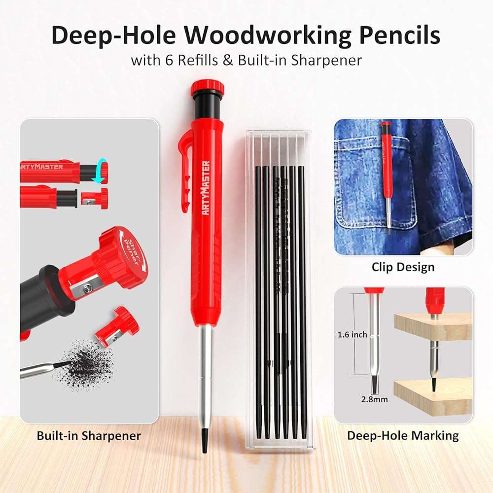3.8＂Mini 3D Multi-Angle Measuring Square Ruler, WT102A High Precision Hole Scribing Woodworking Tools, 0-90° Aluminum Alloy Carpenter Square Wood Working Tools, Carpenter Pencils 6 Refills. - Image 6