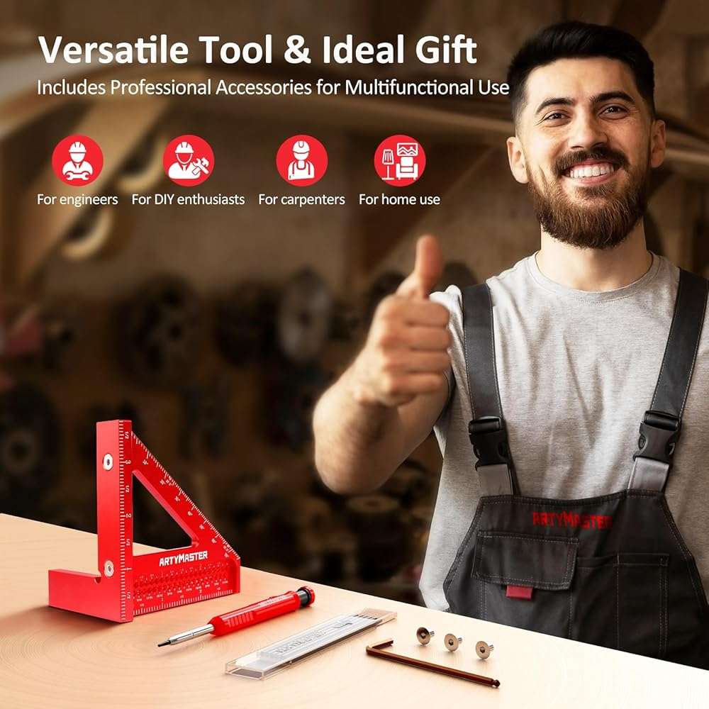 3.8＂Mini 3D Multi-Angle Measuring Square Ruler, WT102A High Precision Hole Scribing Woodworking Tools, 0-90° Aluminum Alloy Carpenter Square Wood Working Tools, Carpenter Pencils 6 Refills. - Image 7
