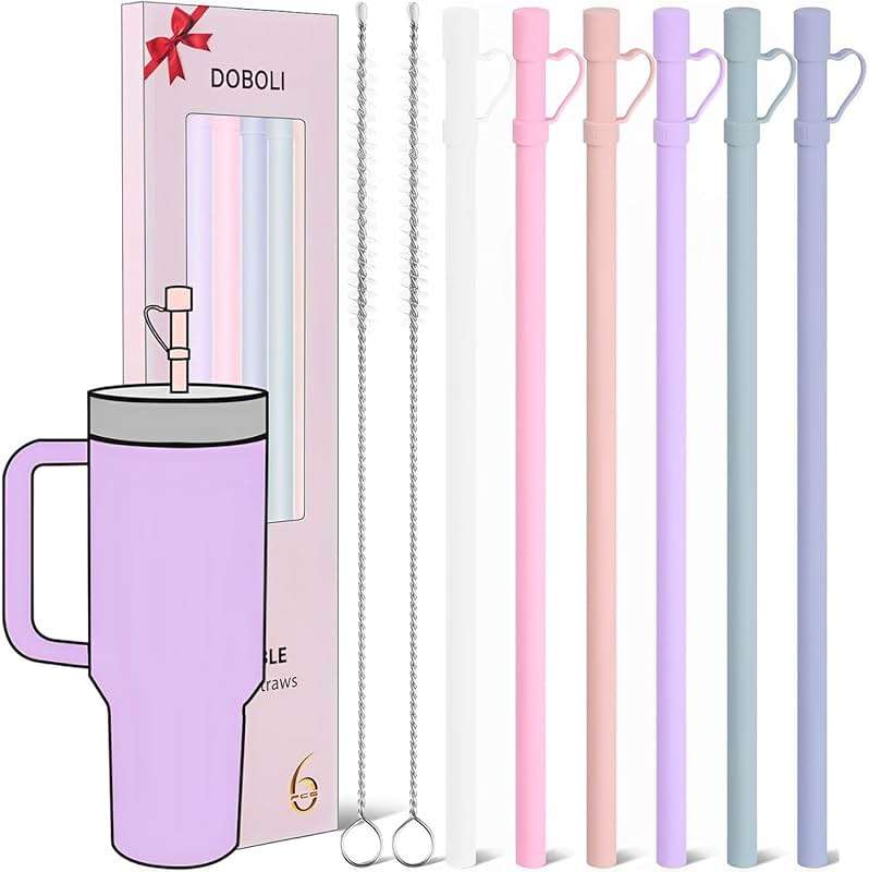 Reusable Replacement 12 inch Long Silicone Straw With Cover, Stocking Stuffers Gifts for Women Men Teens Girls Boys, Compatible with Stanley Tumbler Cup Accessorie 40 oz 30 oz (6 Pack) - Image 1