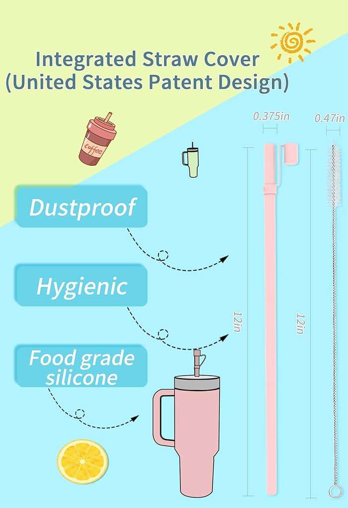 Reusable Replacement 12 inch Long Silicone Straw With Cover, Stocking Stuffers Gifts for Women Men Teens Girls Boys, Compatible with Stanley Tumbler Cup Accessorie 40 oz 30 oz (6 Pack) - Image 2