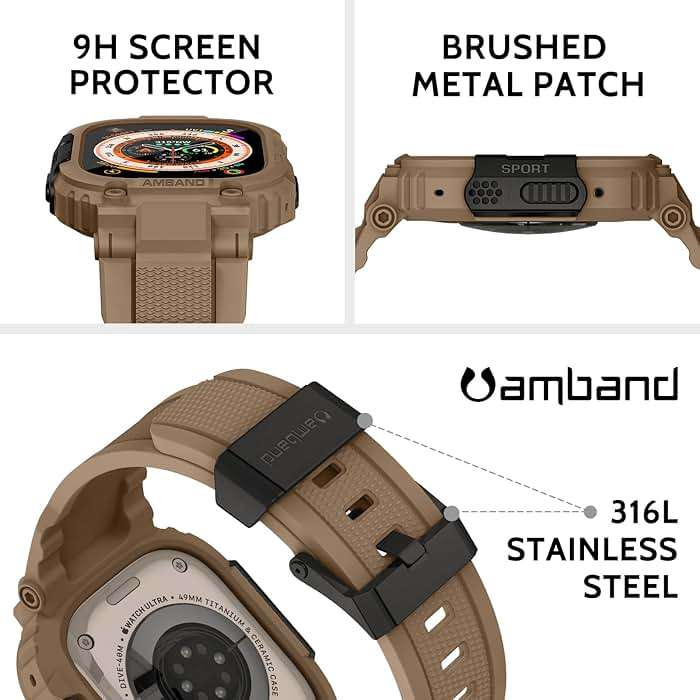amBand for Apple Watch Ultra 3/2/1 Screen Protector, M1 Sport Series Tough Case Fits iPhone Ultra Watch Bands 49mm, Outdoor Activities Essential Full Body Protection for Hiking Cycling - Desert Tan - Image 3