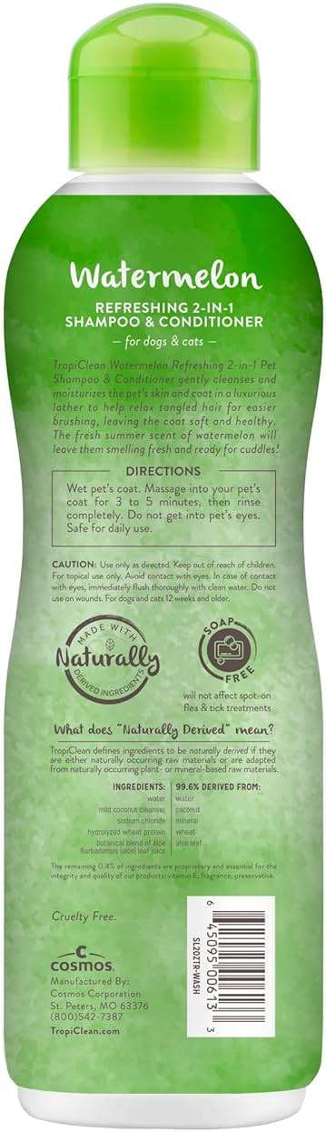TropiClean Watermelon Refreshing 2-in-1 Cat & Dog Shampoo and Conditioner | Cat & Dog Bath Supplies | 20 oz | Made in The USA - Image 2