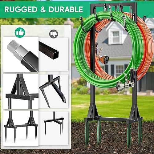 Kcysta Garden Hose Holder Freestanding, Double-Sided Water Hose Holders for Outside, Heavy Duty Metal Hose Stand Hanger Storage Rack - Image 4