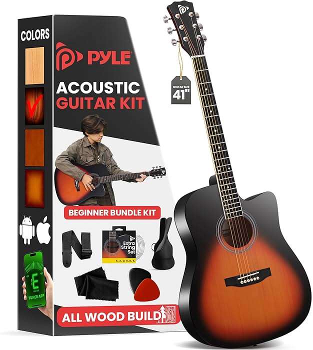 Pyle Steel String Acoustic Guitar Kit, 4/4 Full Size Cutaway All-Wood Guitarra Acustica with Premium Accessory Set and Upgraded Gig Bag, 41" Sunburst Teardrop Matte - Image 1