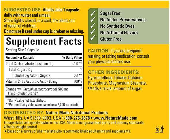Nature Made Cranberry Supplement 500mg with Vitamin C for Immune & Antioxidant Support, Cranberry Blend for Urinary Tract Health, One Per Day, 60 Capsules - Image 6