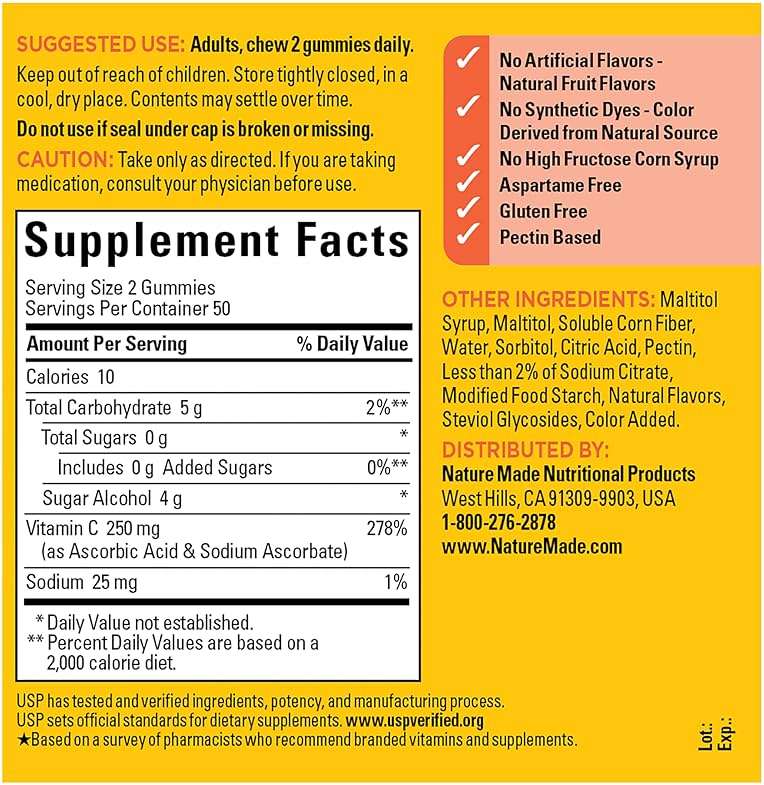 Nature Made Zero Sugar Vitamin C Gummies 250 mg Per Serving, Immune & Antioxidant Support, Aspartame Free, 100 Sugar Free Vitamin C Gummies, 50 Day Supply - Image 2