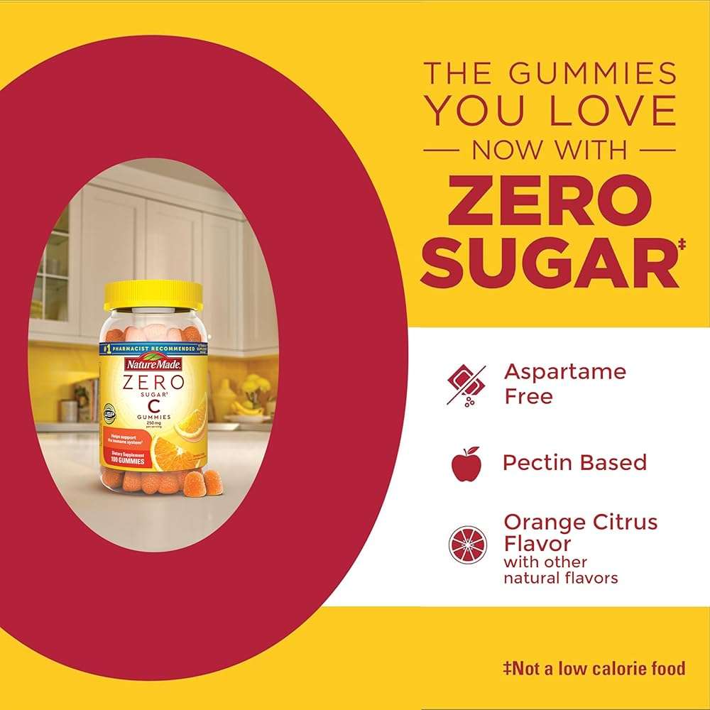 Nature Made Zero Sugar Vitamin C Gummies 250 mg Per Serving, Immune & Antioxidant Support, Aspartame Free, 100 Sugar Free Vitamin C Gummies, 50 Day Supply - Image 4