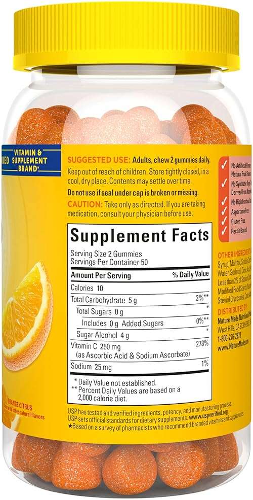 Nature Made Zero Sugar Vitamin C Gummies 250 mg Per Serving, Immune & Antioxidant Support, Aspartame Free, 100 Sugar Free Vitamin C Gummies, 50 Day Supply - Image 8
