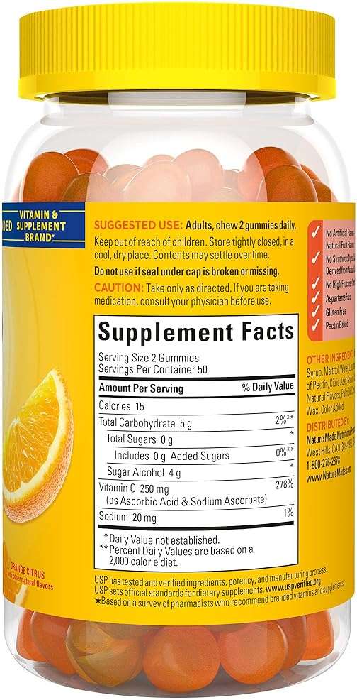 Nature Made Zero Sugar Vitamin C Gummies 250 mg Per Serving, Immune & Antioxidant Support, Aspartame Free, 100 Sugar Free Vitamin C Gummies, 50 Day Supply - Image 9