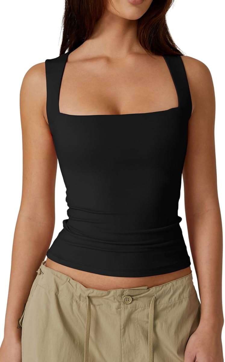 QINSEN Women's Square Neck Sleeveless Double-Layer Tank Tops Basic Tight T Shirts - Image 1