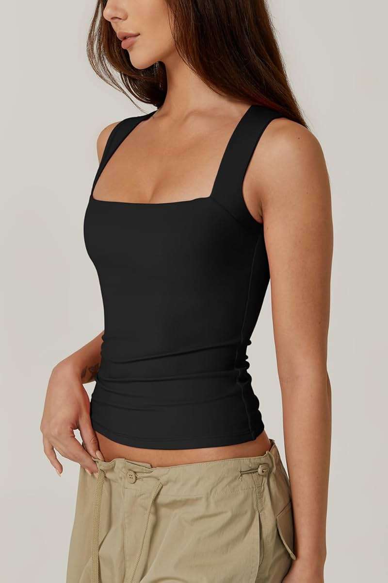 QINSEN Women's Square Neck Sleeveless Double-Layer Tank Tops Basic Tight T Shirts - Image 2