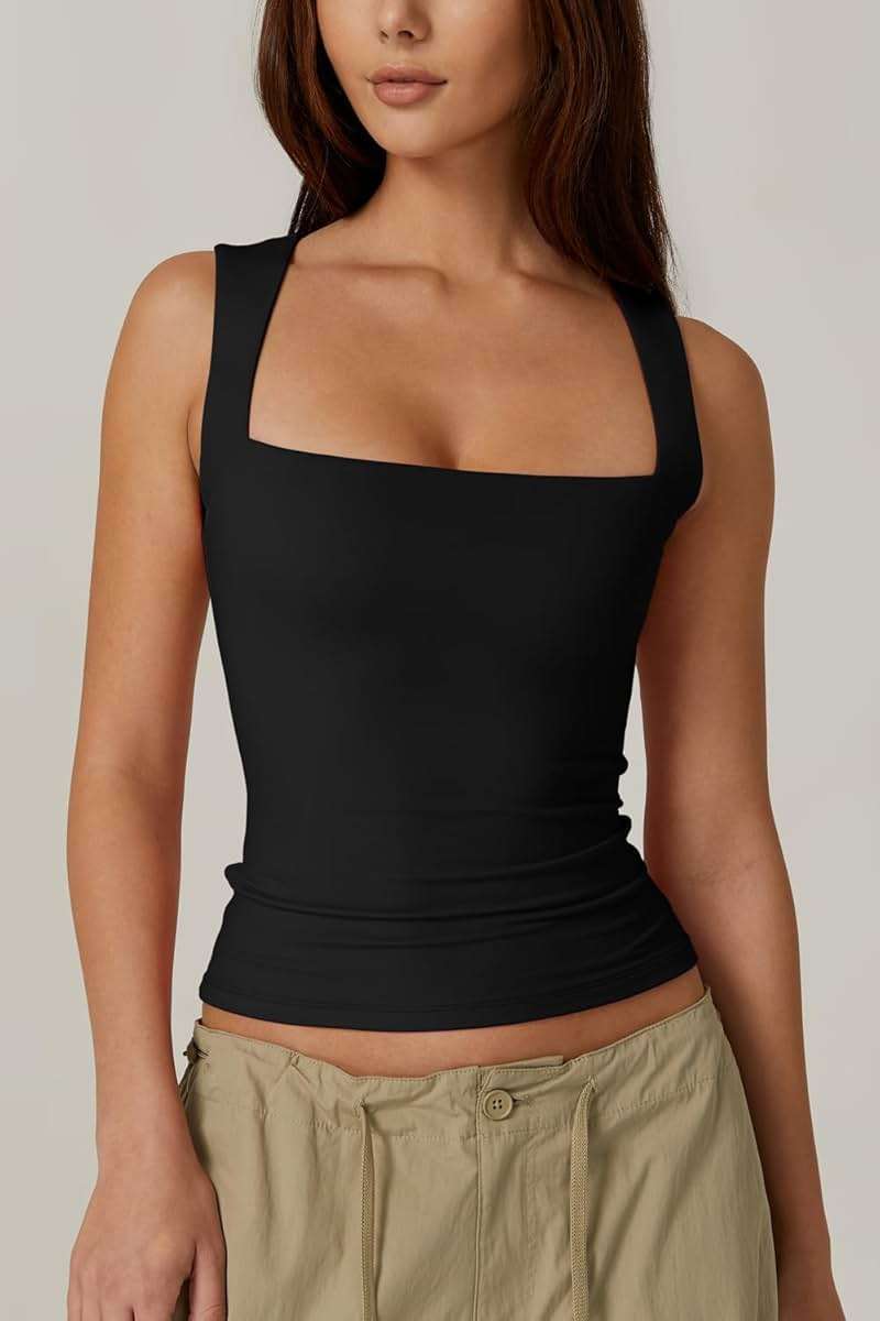 QINSEN Women's Square Neck Sleeveless Double-Layer Tank Tops Basic Tight T Shirts - Image 3